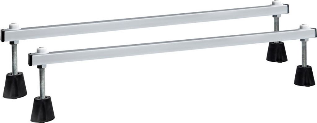 Two adjustable metal legs with black rubber feet, designed to support a bathtub.
