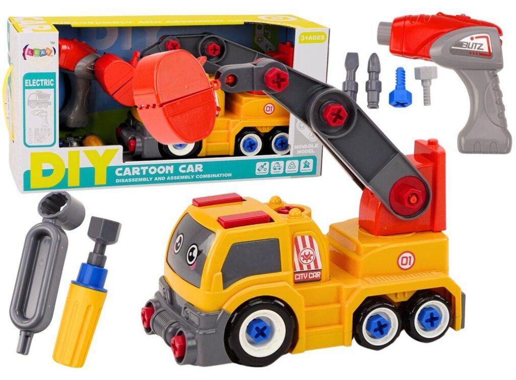 Leantoys Ci??arówka Z D?wigiem Kreskówkowa Do Rozkr?cania DIY Pomara?czowy