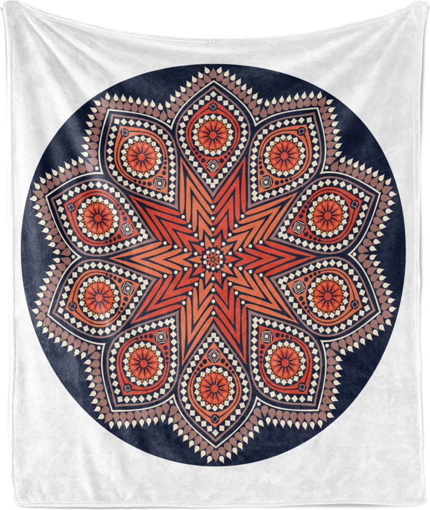 ABAKUHAUS Coperta in morbido pile di flanella Mandala, motivo decorativo orientale con pizzo rotondo Boho Mosaic Chakra, 175 x 230 cm, blu notte scuro