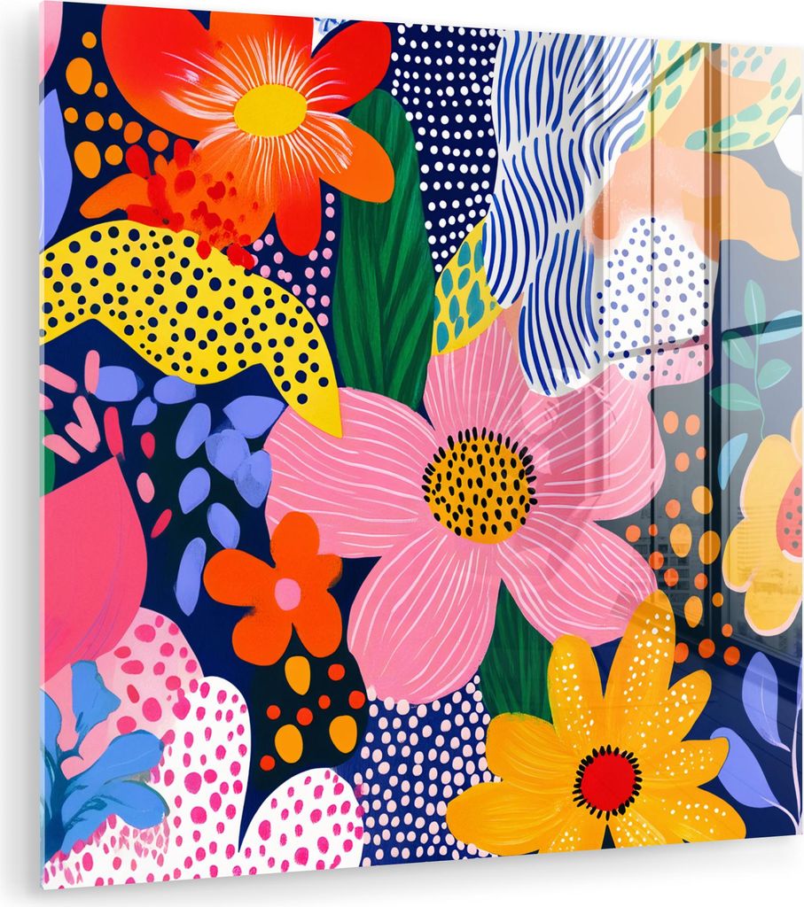 MuchoWow Glasbilder - Bilder auf Wandbild - Foto auf Glas Bunt - Blumen - Abstrakt - Punkte 50x50 cm Wanddekoration aus Glas - Acrylglasbild - Acry...