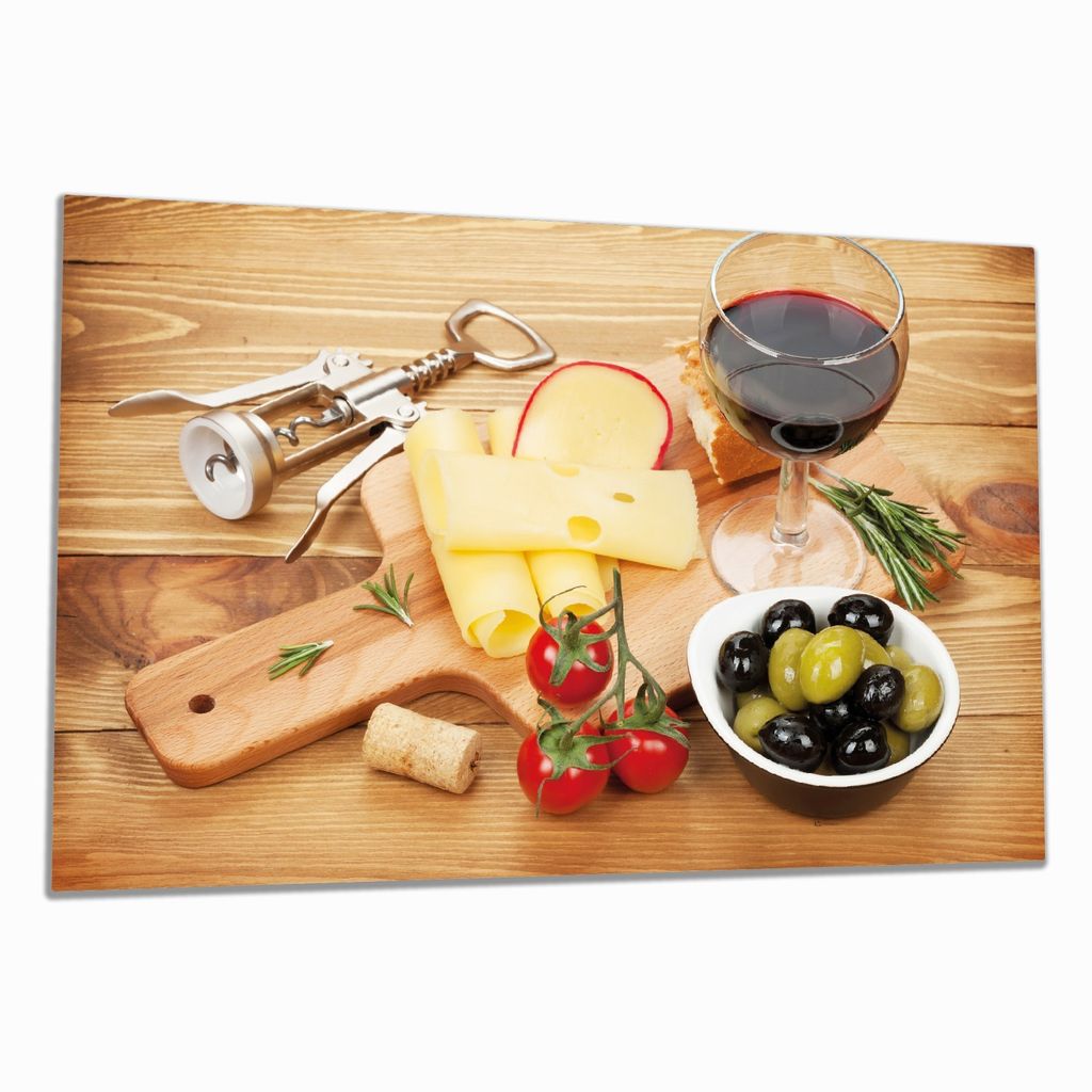 Wallario Herdabdeckplatte aus Glas, Größe 80 x 52 cm 1-teilig, Motiv Genuss am Abend - Rotwein, Käseplatte, Oliven und Tomaten