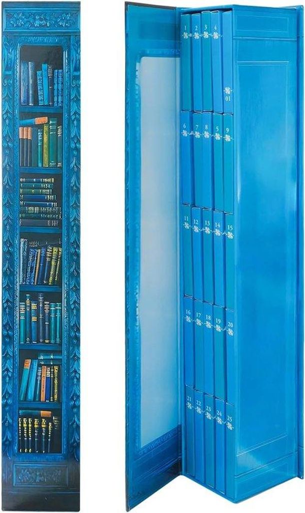 Weihnachtsschrank 2025 - Magische Bücherwand mit 24 Kleinbüchern - Weihnachtsschrank für Bücherfreunde - Blaue Bücherwand Dekoration (39cm)