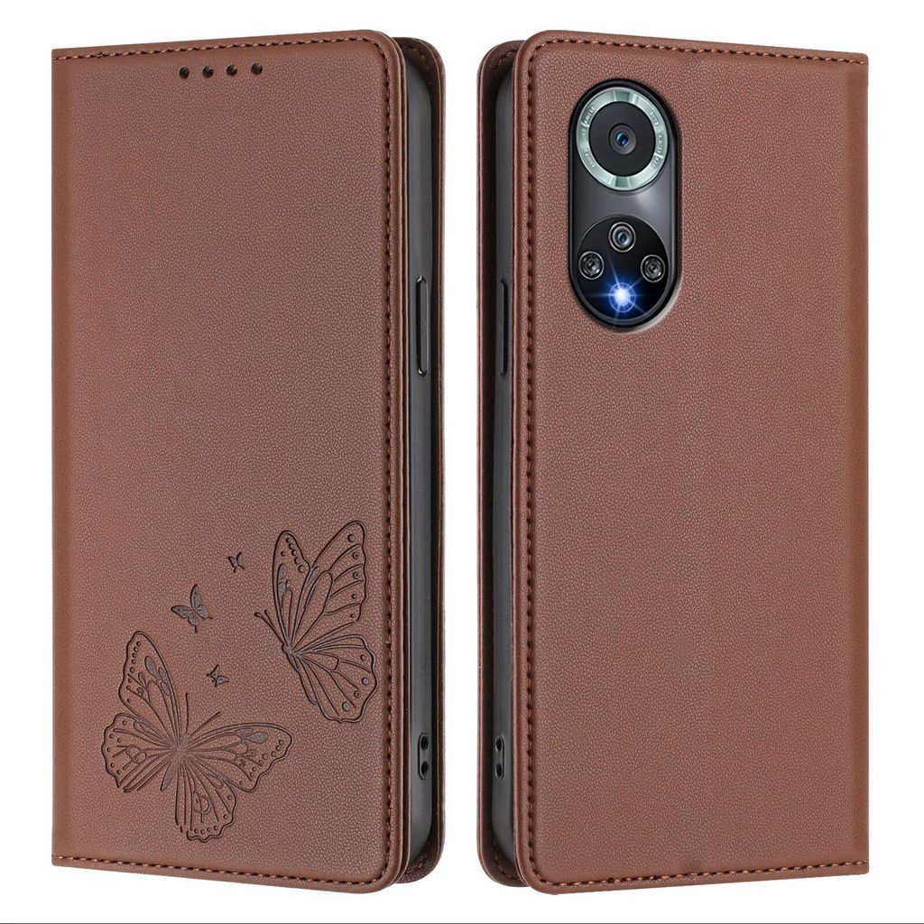 Lederhülle für Huawei Nova 9 Pro /Honor 50 Pro, Schmetterling Prägung Leder Brieftasche Schutzhülle mit Ständer Braun