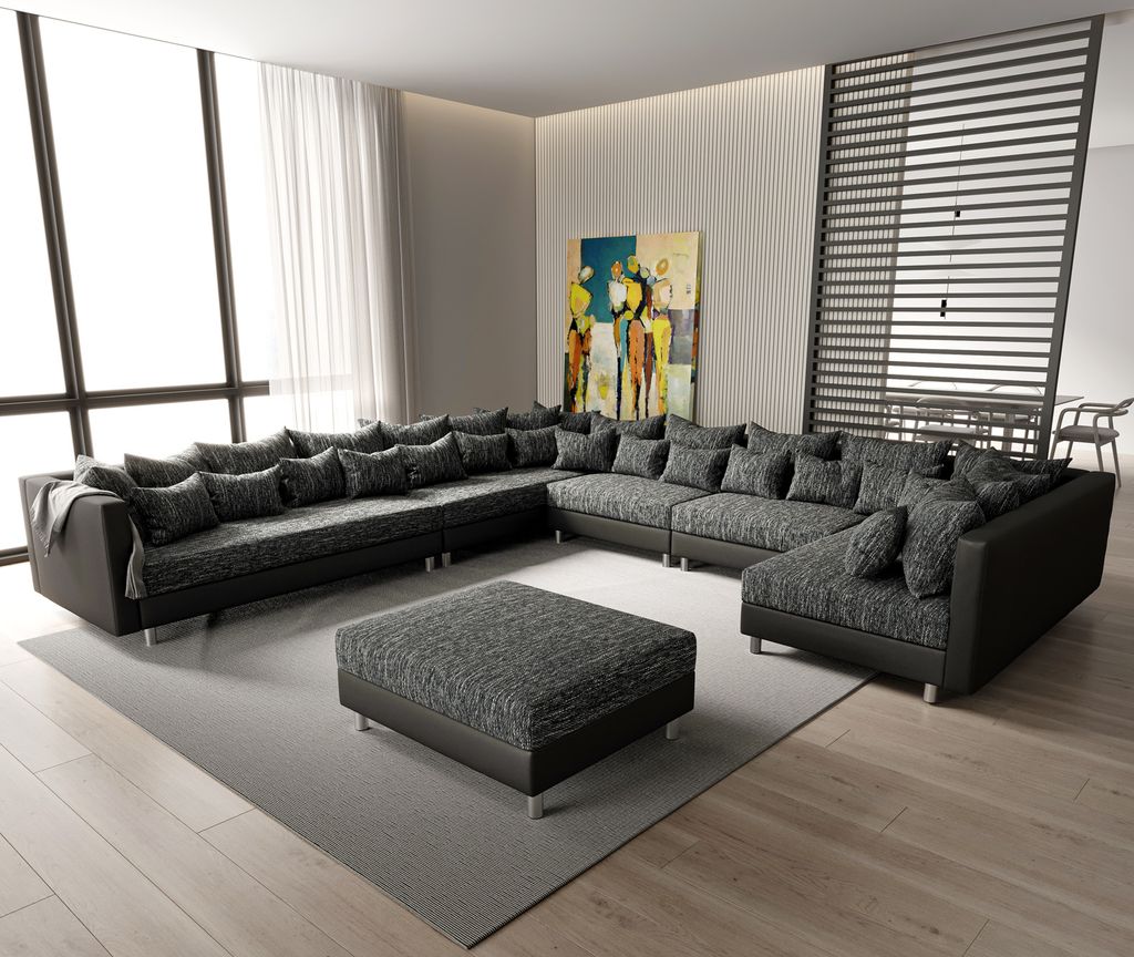 DELIFE Wohnlandschaft Clovis XXL Schwarz Hocker Ottomane Produktbild 
