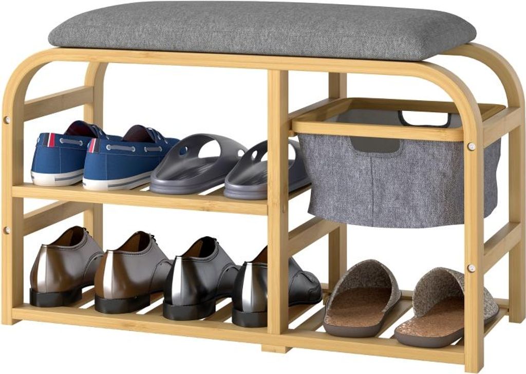 Schuhbank mit 2 Etagen, Sitzbank mit Ausziehbarem Korb, 2 Schuhregale, Garderobenbank mit Leinenoptik, für 5 Paar Schuhe, für Diele, Flur, Bambus