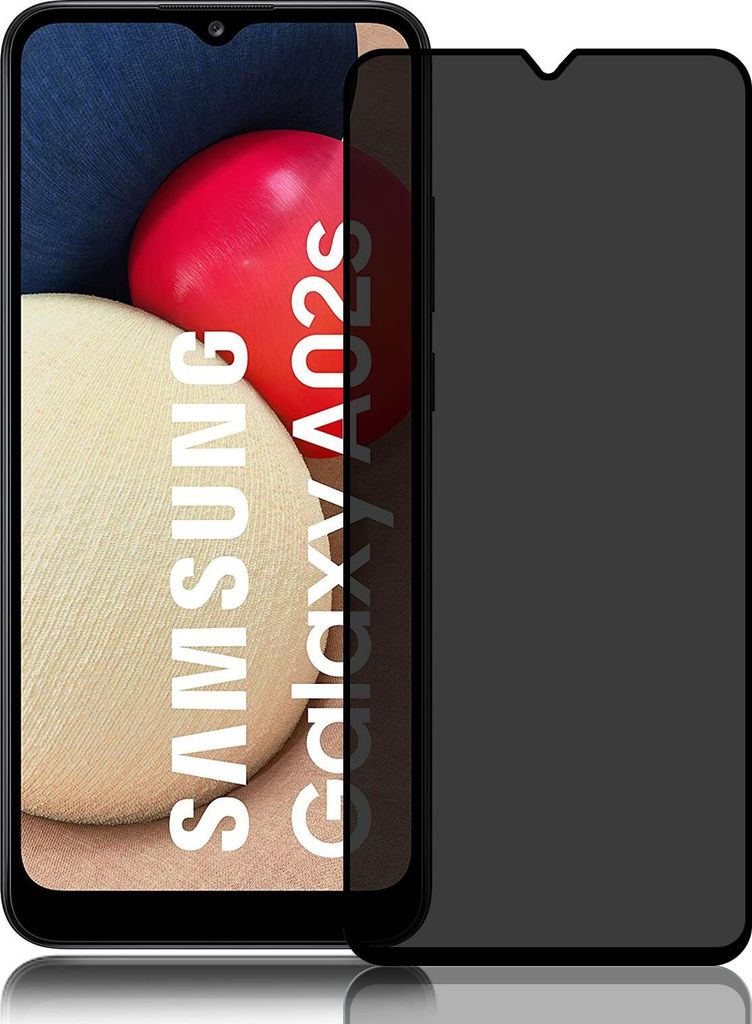 A privacy screen protector is shown on a Samsung Galaxy A02s phone.