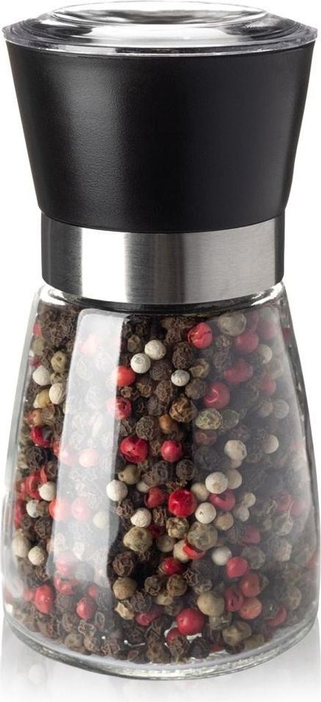 A pepper mill filled with peppercorns.