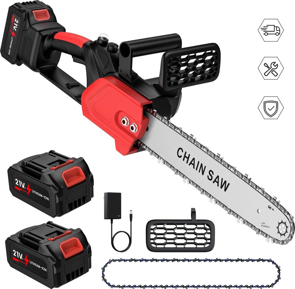 Mini Kettensäge - Handgeführte Akku-Kettensäge - 23 cm Schwert - Bürstenloser Motor 3000 W - Ohne Akku - Für Holz & Heimwerken - Rot