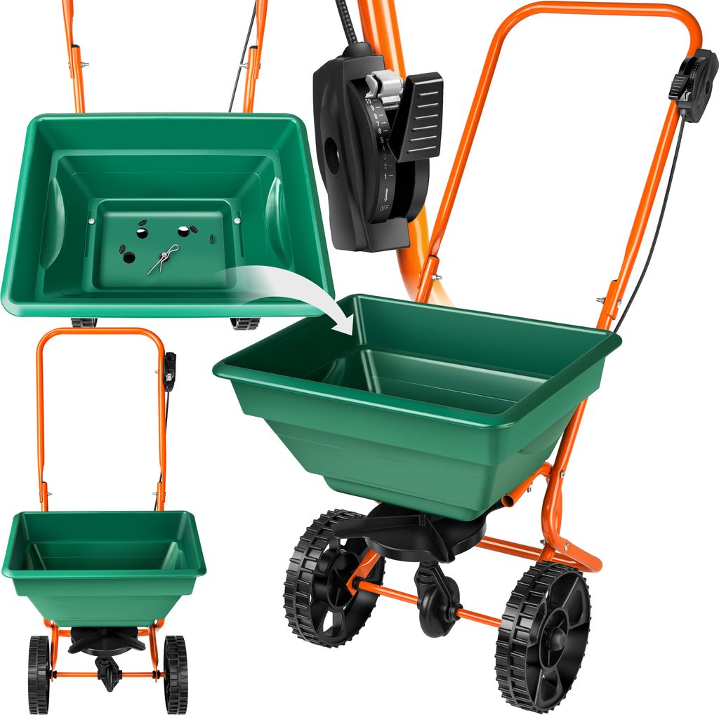 A collage of images showing a garden spreader from different angles, including a close-up of its hopper and a detail of the control mechanism.