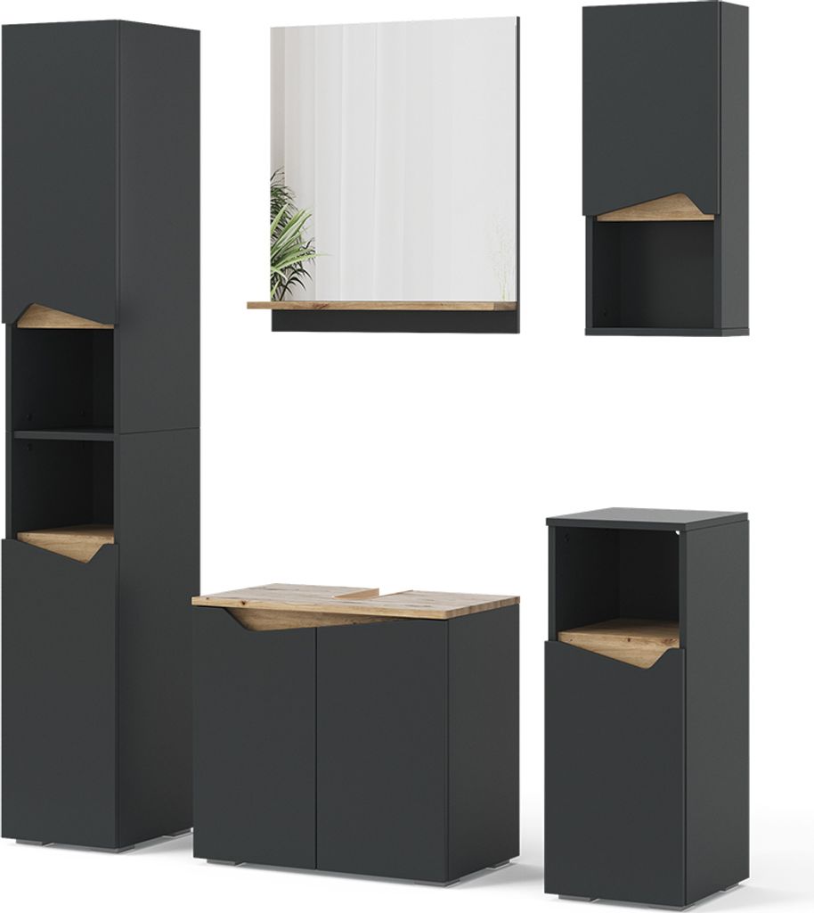 A collection of modern bathroom furniture pieces arranged against a white background.