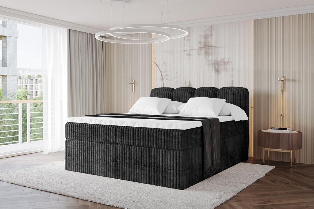 ALTDECOR Boxspringbett - NINA KING - 160x200 Schwarz- Komplett-Set mit H3 und H4 Matratzen und Topper, Polsterbett mit Bettkästen, Lattenrost, Bet...