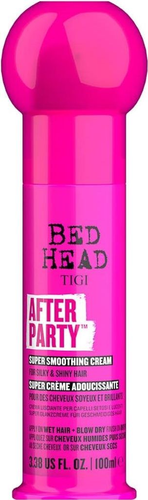 A bright pink bottle of Tigi Bed Head After Party Super Smoothing Cream against a white background.