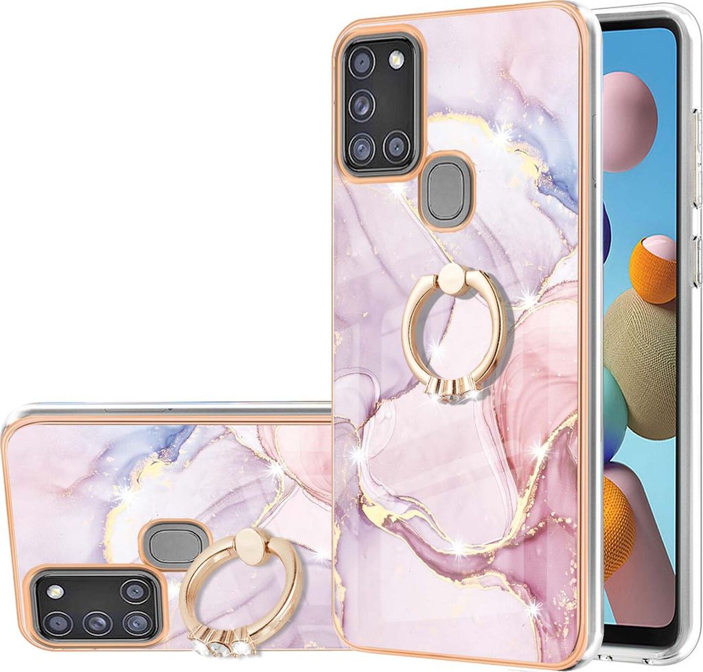 Galaxy A21S Marmor Handyhülle mit 360 Grad Ring Ständer Ultra Dünn Soft TPU Bumper Anti-kratzt Schutzhülle für Samsung Galaxy A21S Roségold
