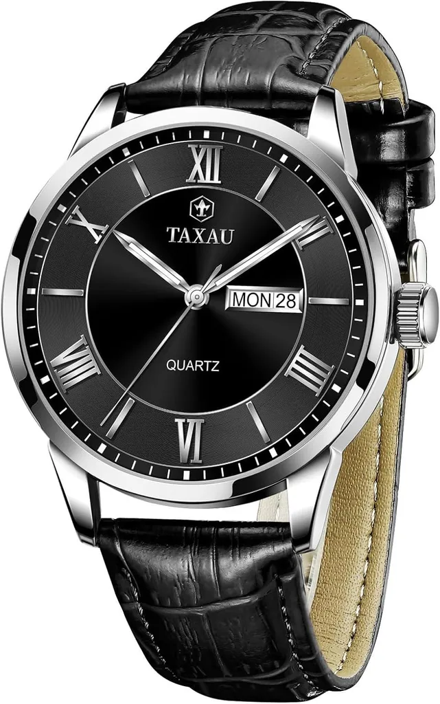 Orologio Uomo Pelle Nera Big Face | Quarzo Impermeabile Giorno e Data