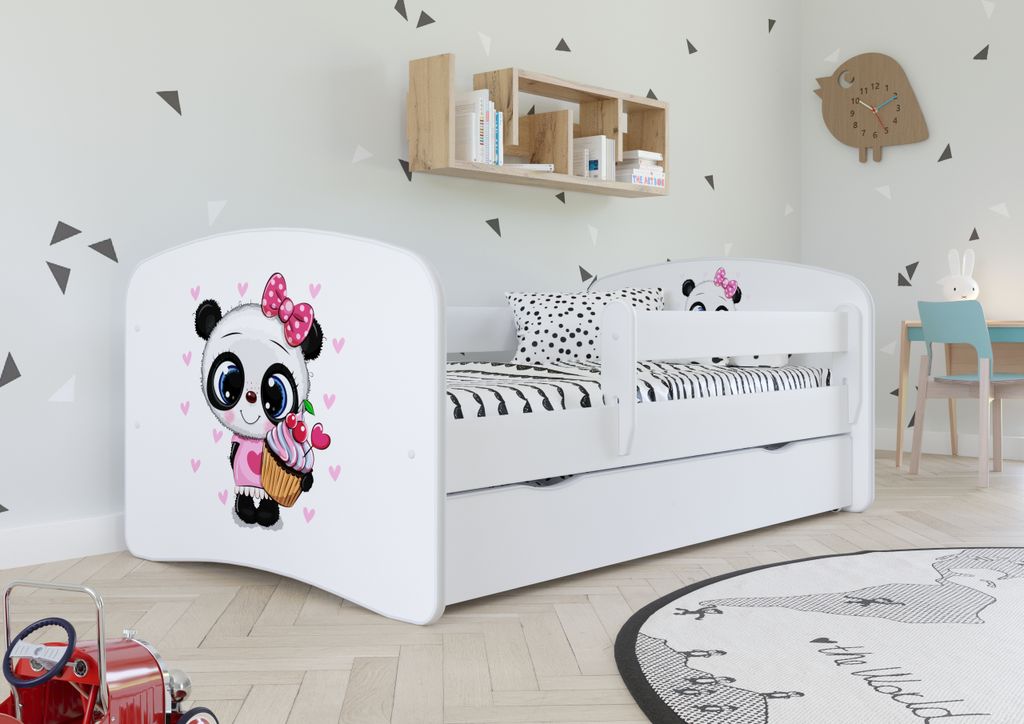 Kinderbett Jugendbett 80x180 cm Weiß mit Matratze Rausfallschutz Schublade und Lattenrost Kinderbetten für Mädchen und Junge - Panda