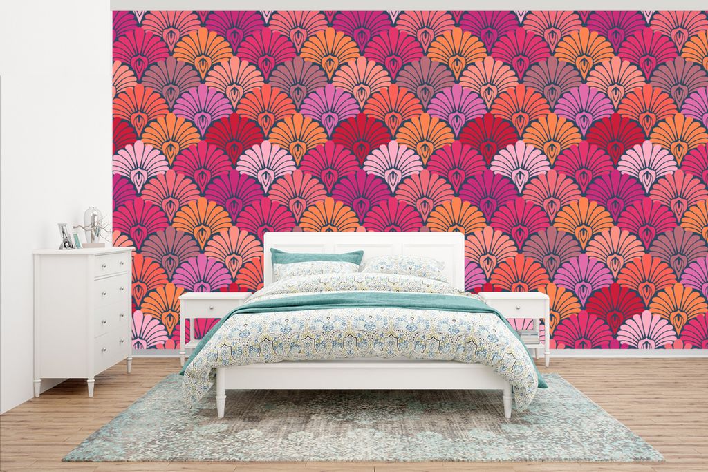 MuchoWow Fototapete für Wohnzimmer oder Schlafzimmer Wandtapete Vinyl Motivtapete Muster - Art Deco - Rosa - Blumen - 500x280 cm - Fototapeten