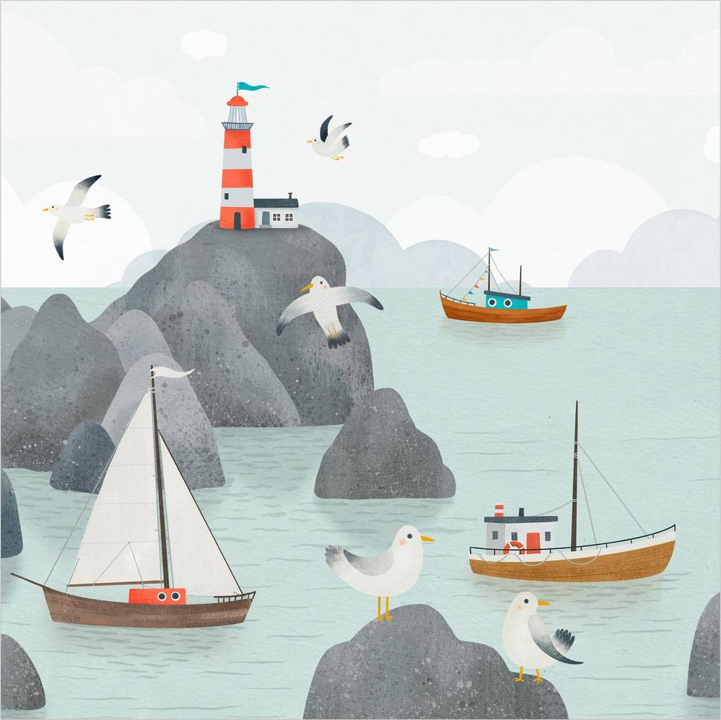 Fototapete Strand - Vliestapete - Bildtapete UV-beständig Boot Schiff türkis Aquarell Illustration Wandtapete geruchsfrei
