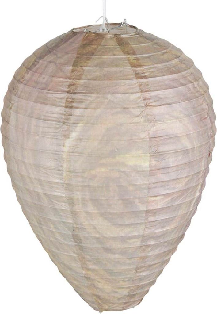 A hanging paper lantern designed to resemble a wasp nest.