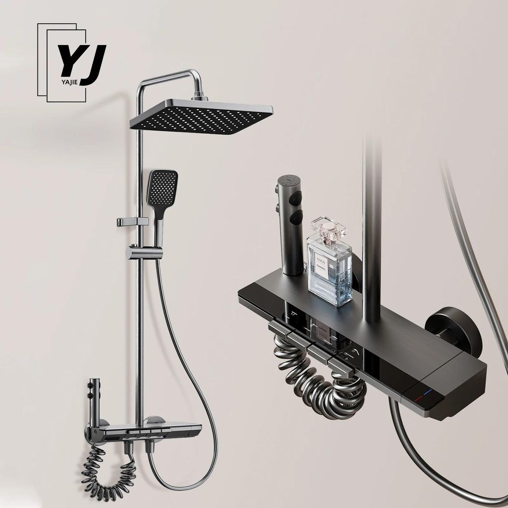 Badezimmer Duschset - Thermostatarmatur mit Duschkopf - Multifunktionstasten - Höhenverstellbar - Messing - Galvanisiert - Grau