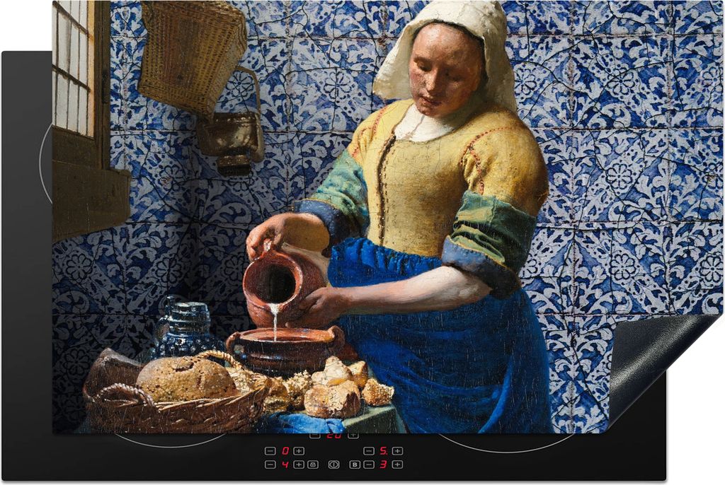 KitchenYeah Herdabdeckplatte Milchmädchen - Delfter Blau - Vermeer - Gemälde - Alte Meister , 80x52cm, Küche Deko, Glaskeramikfeld Herdabdecku...