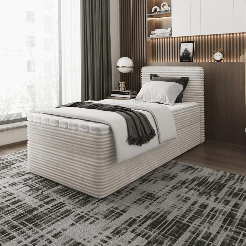 Bett Boxspringbett SENO MINI ohne Topper mit Bettkästen - Doppelbett, Stauraum, Schlafzimmer, Polsterbett 90x200, Beige - Tilia 03