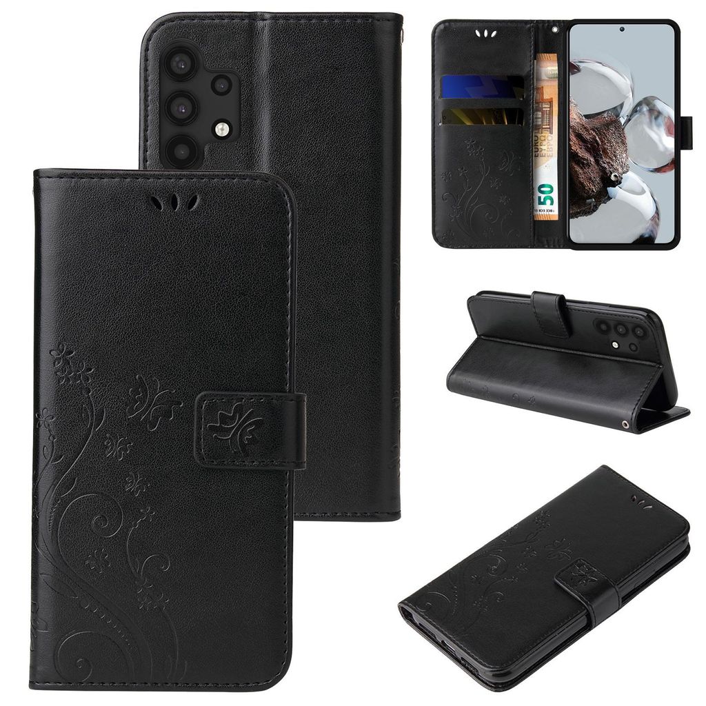 Handyhülle für Samsung Galaxy A32 5G Floral Blumen Schmetterling Flip Cover Hülle Case Klapphülle Handytasche Farbe: Schwarz