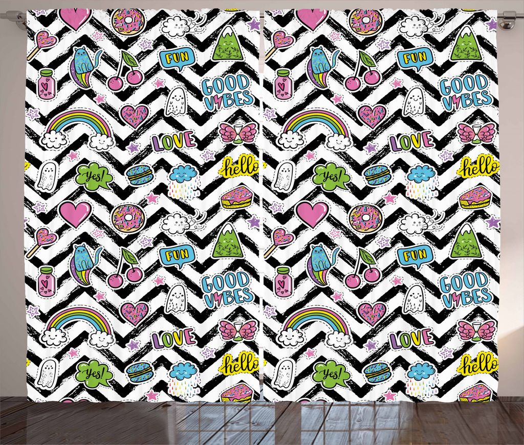 ABAKUHAUS Good Vibes Rustikaler Gardine, Zick-Zack-Bunte, Schlafzimmer Kräuselband Vorhang mit Schlaufen und Haken, 280 x 245 cm, Mehrfarbig