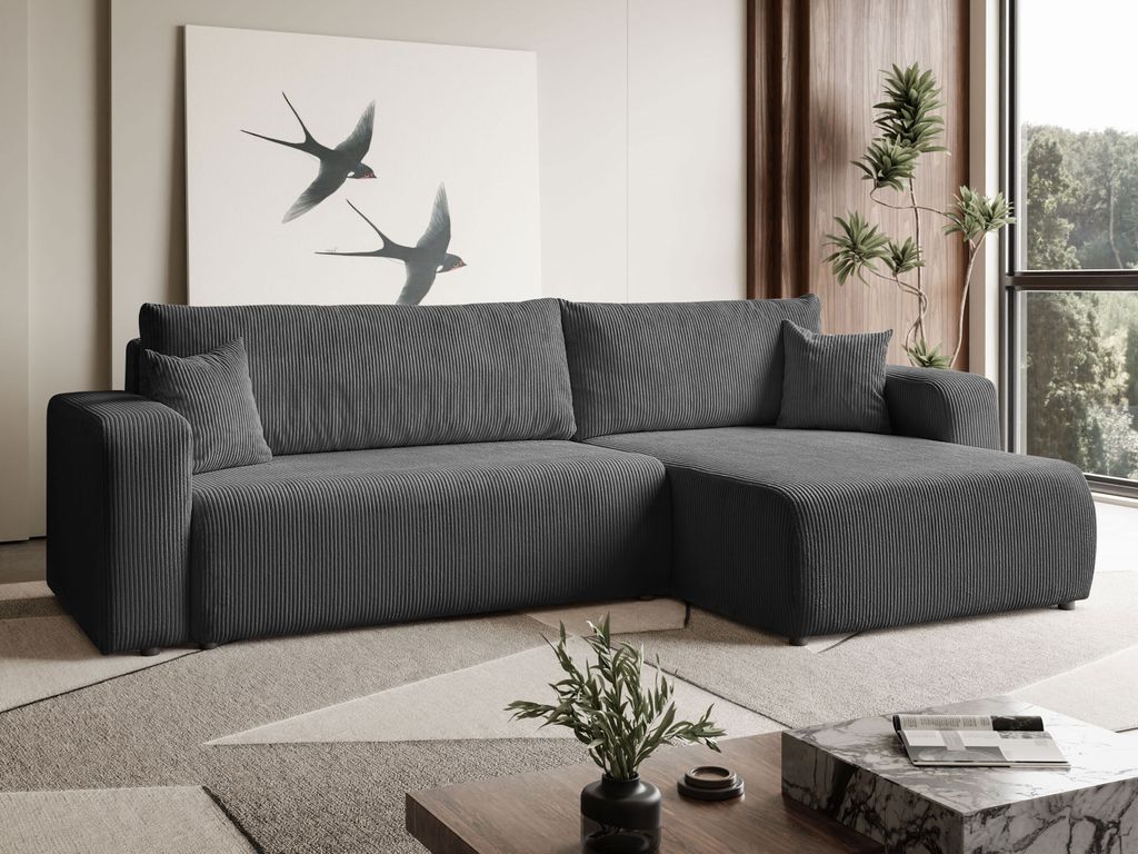 MargaretHadas24 Ecksofa L Form Sofia 277x143 cm mit Schlaffunktion und Bettkasten Couch Cord Schlafsofa Schlafcouch Sofa universale Seite, dunkelgrau