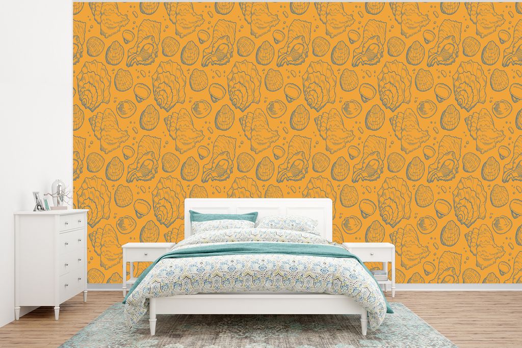 MuchoWow Fototapete für Wohnzimmer oder Schlafzimmer Wandtapete Vinyl Motivtapete Muscheln - Gelb - Orange - Muster - 320x240 cm - Tapeten