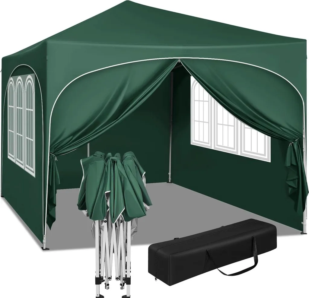 Tente de réception pliable 3x3 m verte avec 4 rideaux amovibles et UV