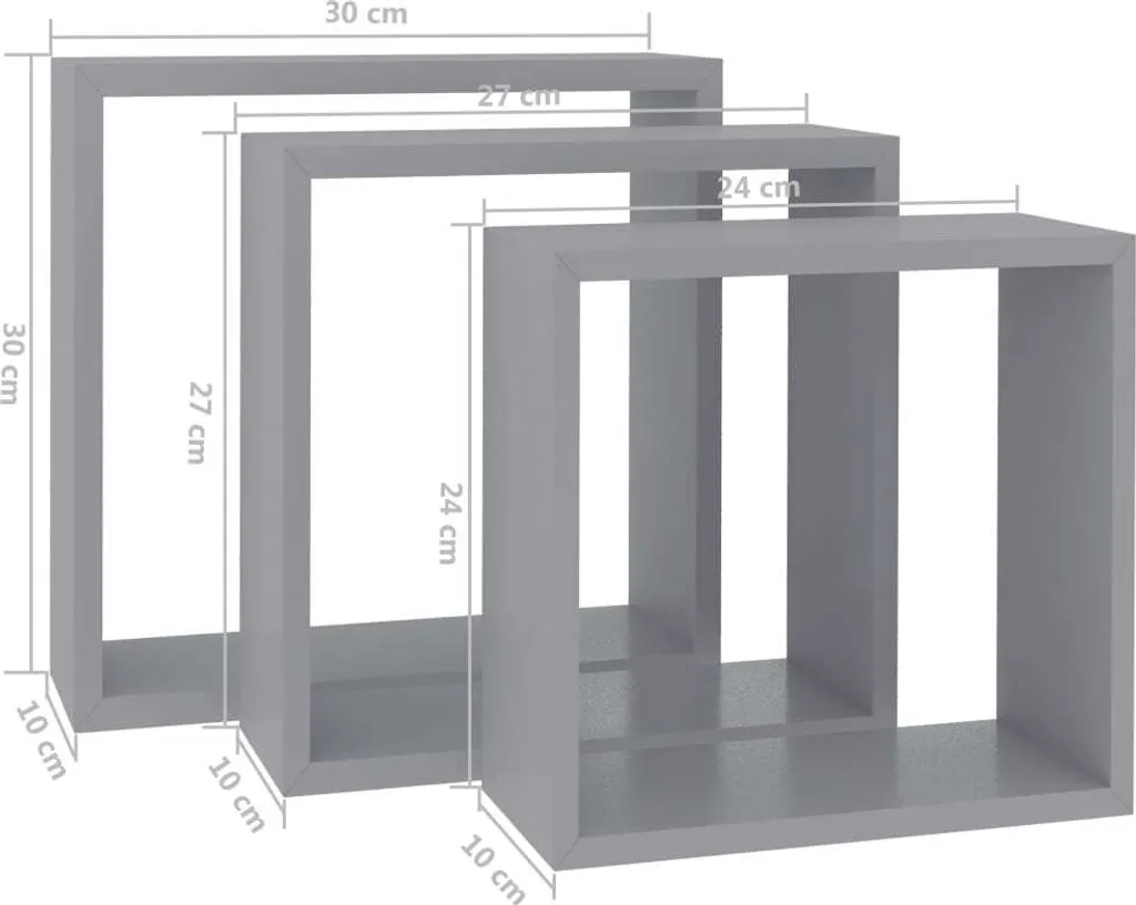 Étagères Cubes Grises en MDF Robuste - Set de 3 avec Fixation Invisible - 19