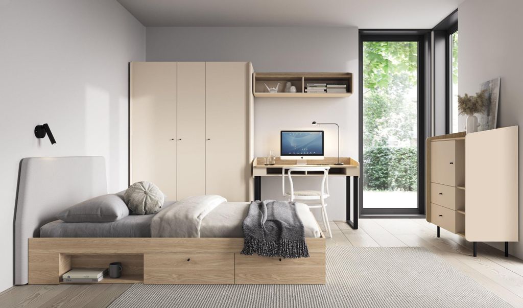 Schlafzimmer-Set – 5 Teile – Bett – Kleiderschrank – Kommode – Schreibtisch – Wandregal – ALESSIO System - Beige - Modern und kompatibel