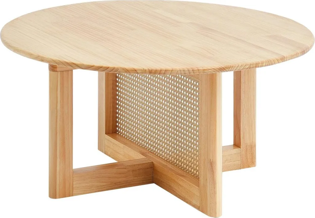 Table basse ronde bois et rotin à un niveau structure robuste de 65cm