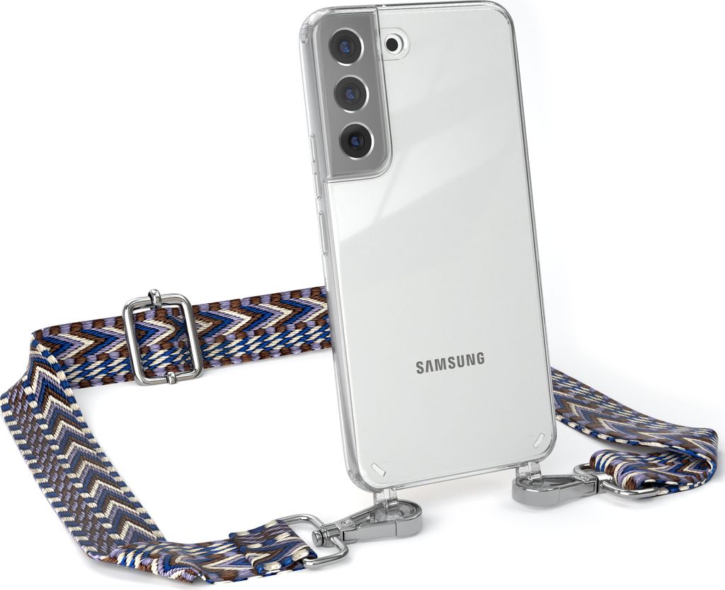 EAZY CASE Handykette - Verstellbarer Trageriemen kompatibel mit Samsung Galaxy S22 5G, Handykordel mit transparenter Silikon-Hülle, Band in Blau