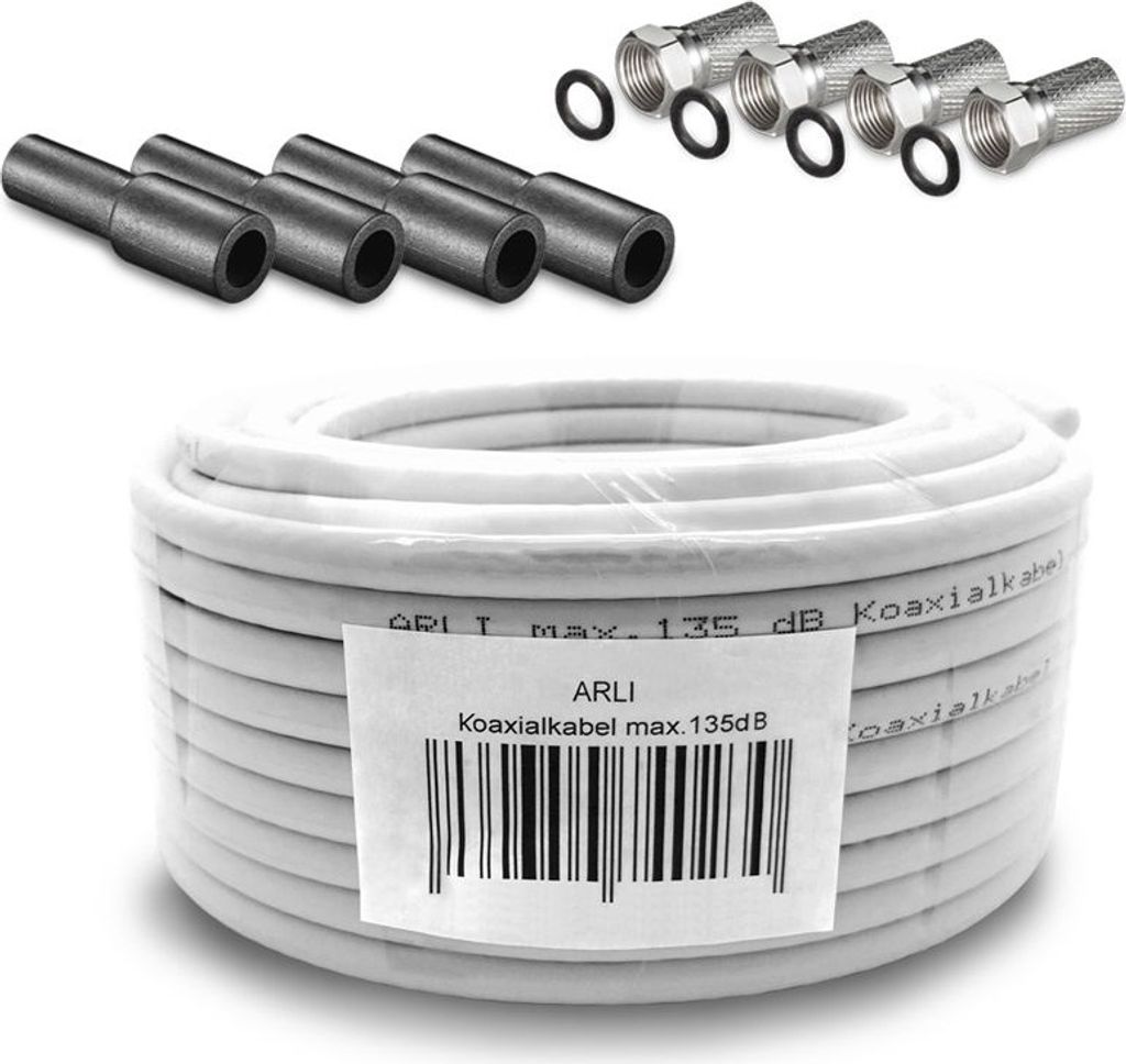 50m ARLI Koaxialkabel – max. 135 dB 5-fach geschirmt UV-beständig + 4x F-Stecker & 4x Gummitüllen für DVB-S DVB-T2 4K HDTV
