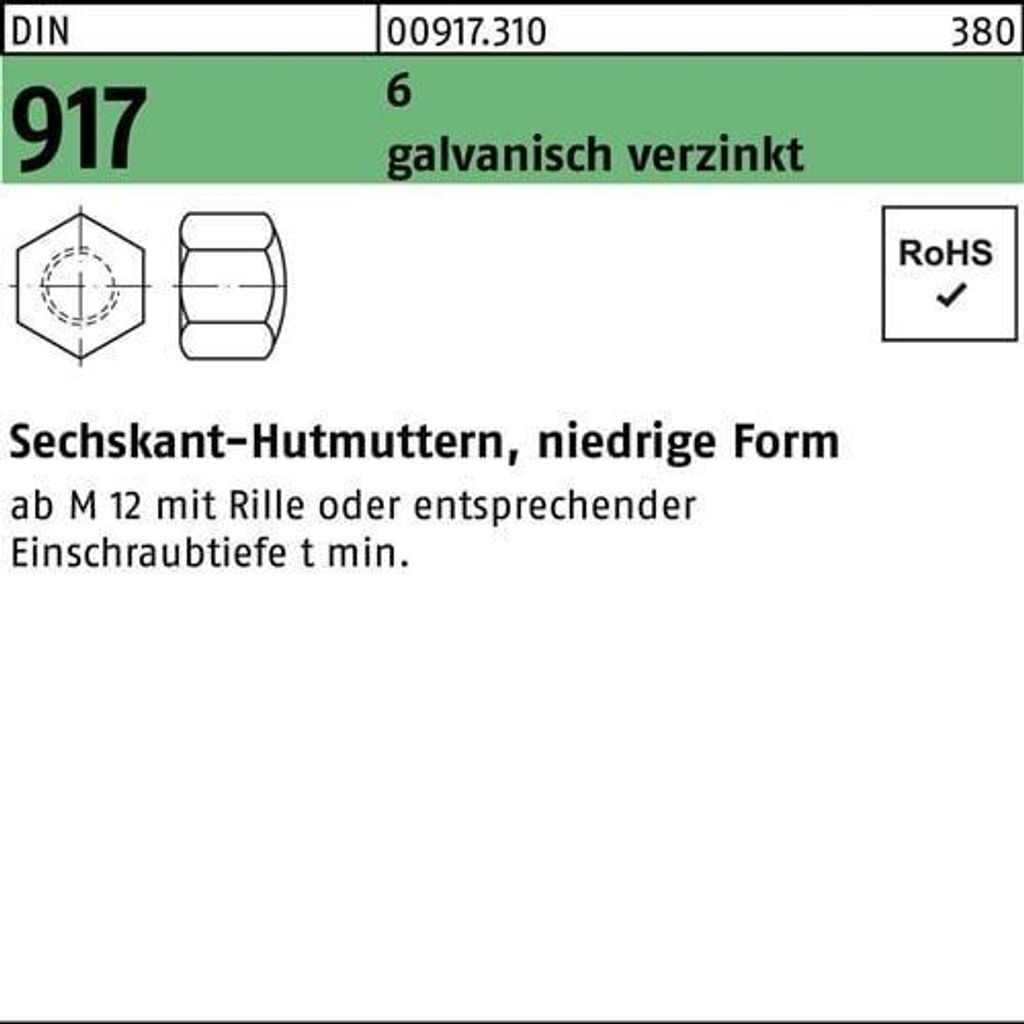Reyher 917 Hutmuttern M 6 verzinkt (1000 Stück)