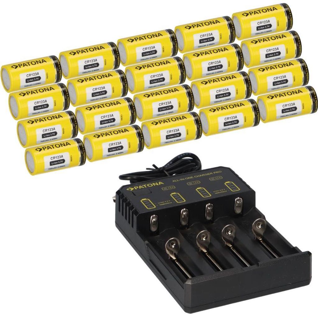 20x PATONA Li-Ion 3,7V Akku CR123A 700mAh 2,59Wh + Lader