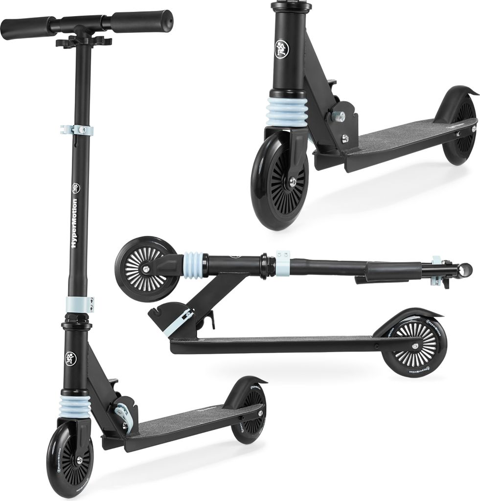 A collage of a black and blue scooter shown from different angles.