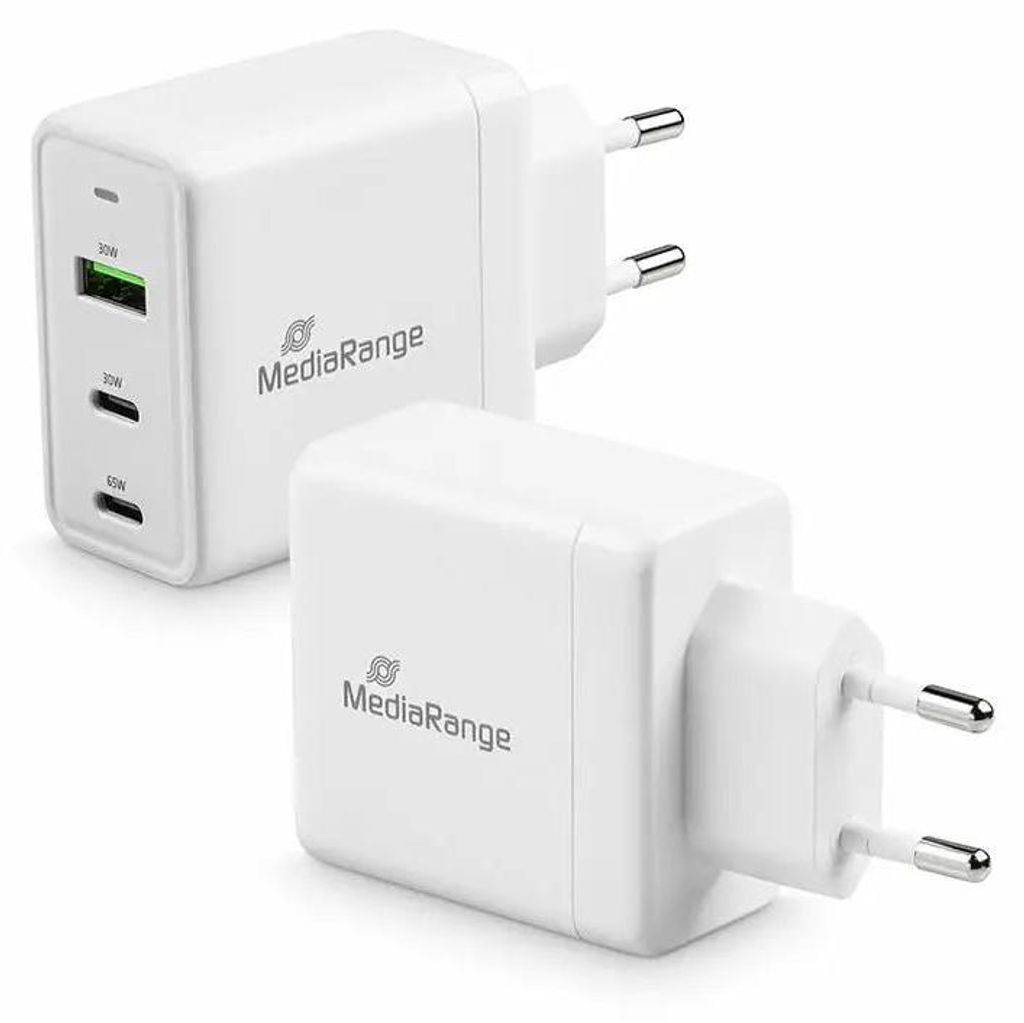 MediaRange Ladegerät 65W 3-Port 1x USB-A/2x USB-C GaN, weiß Produktbild 