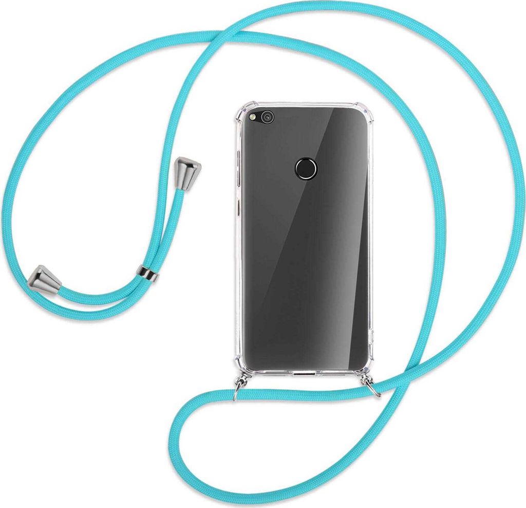 Handykette Backcover-Schutzhülle mit Band (Metall silberfarben) für Huawei P8 Lite / P9 Lite 2017 - türkis