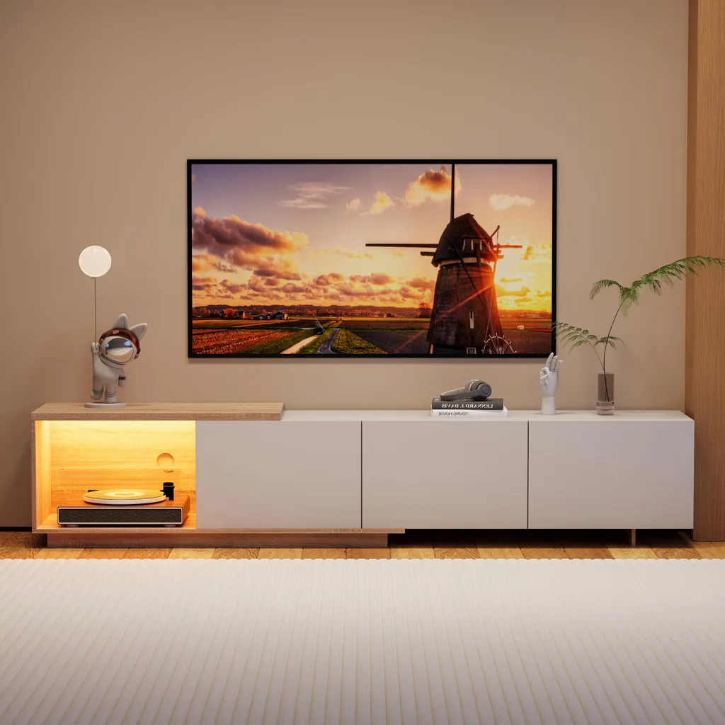UnboxG Meuble TV Extensible 180cm Blanc et Marron avec LED Détection