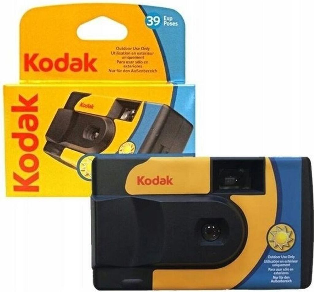 A Kodak disposable camera and its packaging are shown.