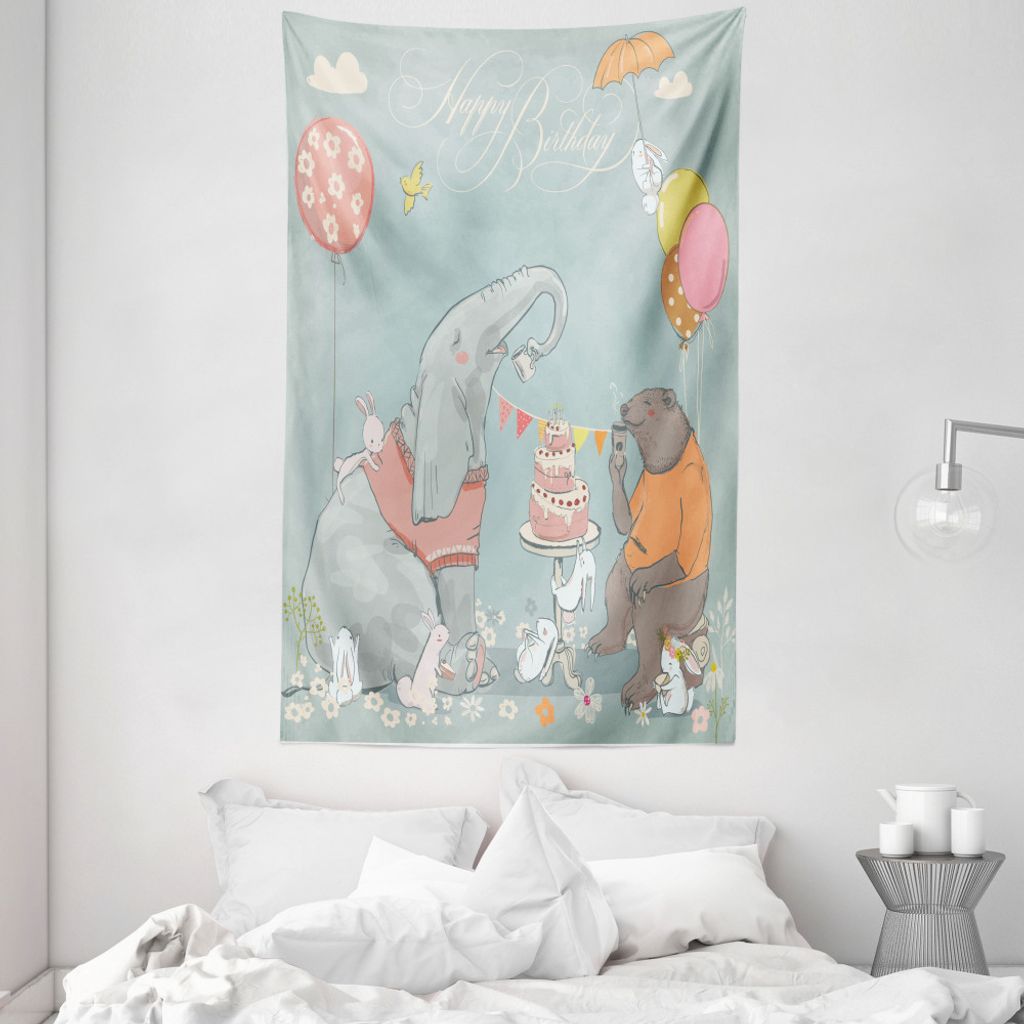 ABAKUHAUS Geburtstag Wandteppich und Tagesdecke, Elephant Hares aus Weiches Mikrofaser Stoff Waschbar ohne Verblassen Digitaldruck, 140 x 230 cm, M...