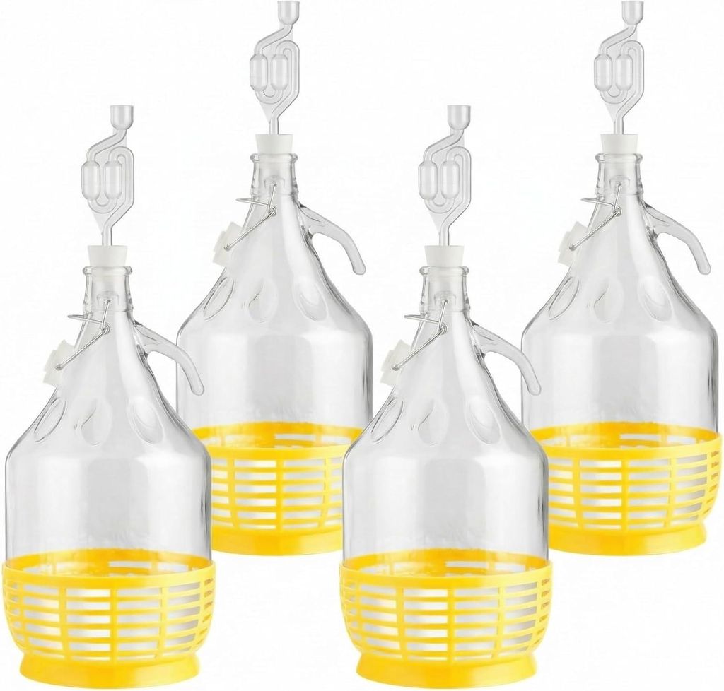 lilawelt24 4 x 5L Glasballon Gärballon Set mit Schutzkorb, Bügelverschluss, Gärrohr & Stopfen – Fermentationsgefäß für Wein & Most