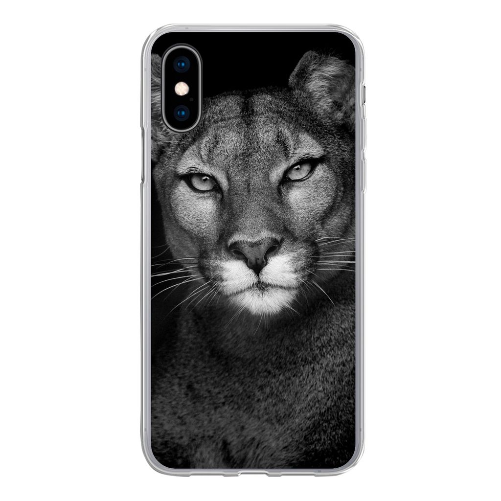 MuchoWow Handyhülle Schutzhülle Hülle für iPhone X Porträtfoto eines Pumas auf schwarzem Hintergrund Silikon Softcase Handy Hülle - Handyh...