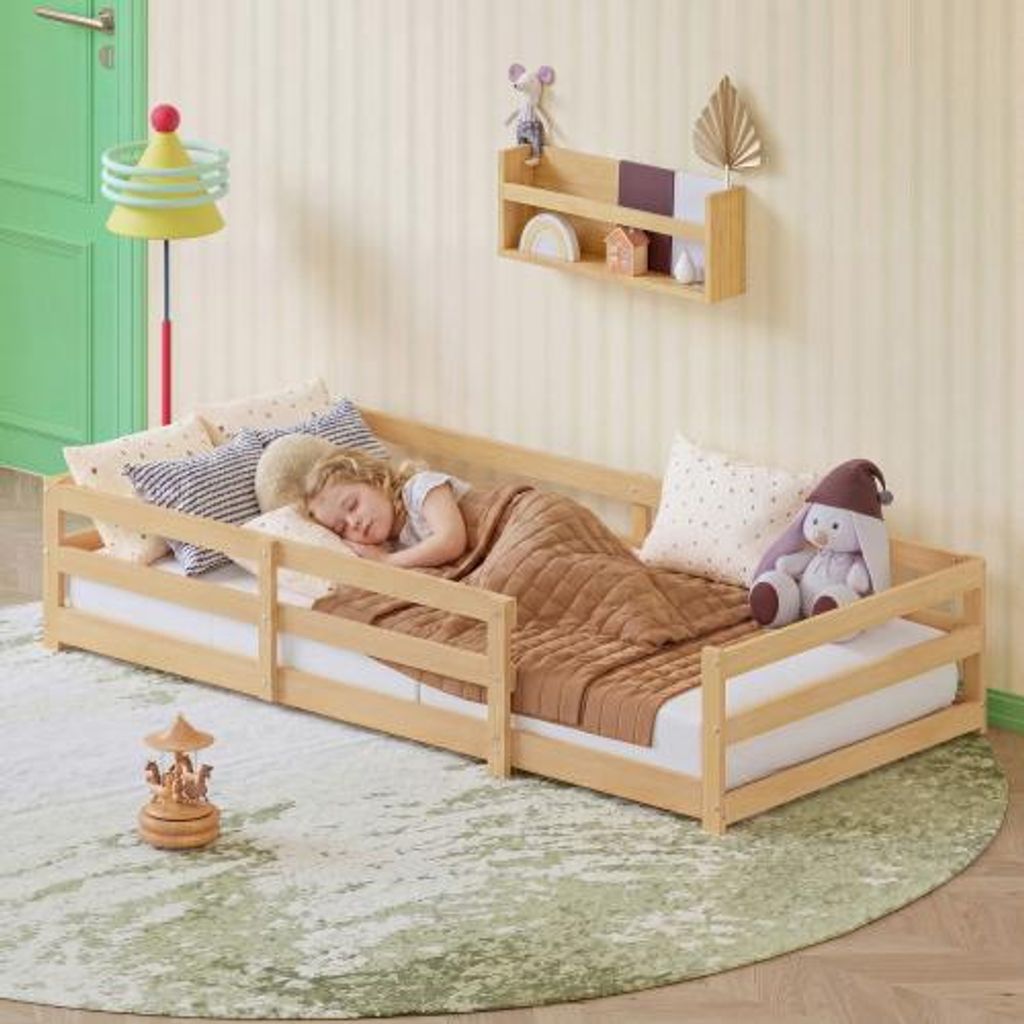 Montessori Bodenbett 90x200 cm aus Kiefernholz, Kinderbett mit Sicherheitsumrandung und Lattenrost