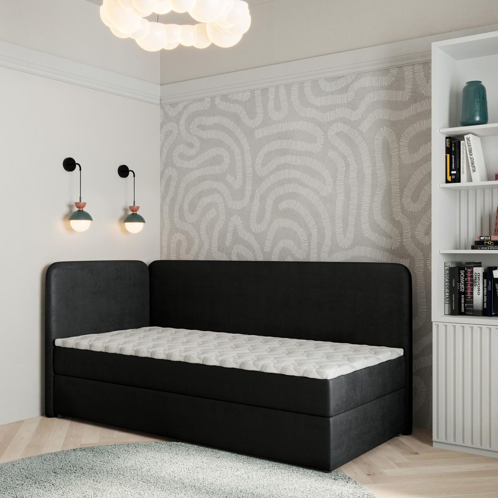 Masseno Boxspringbett GINA 90x200 cm Komplett-Set mit Bonell Matratze und Topper, Polsterbett mit Bettkästen -Schwarz, KRONOS 07