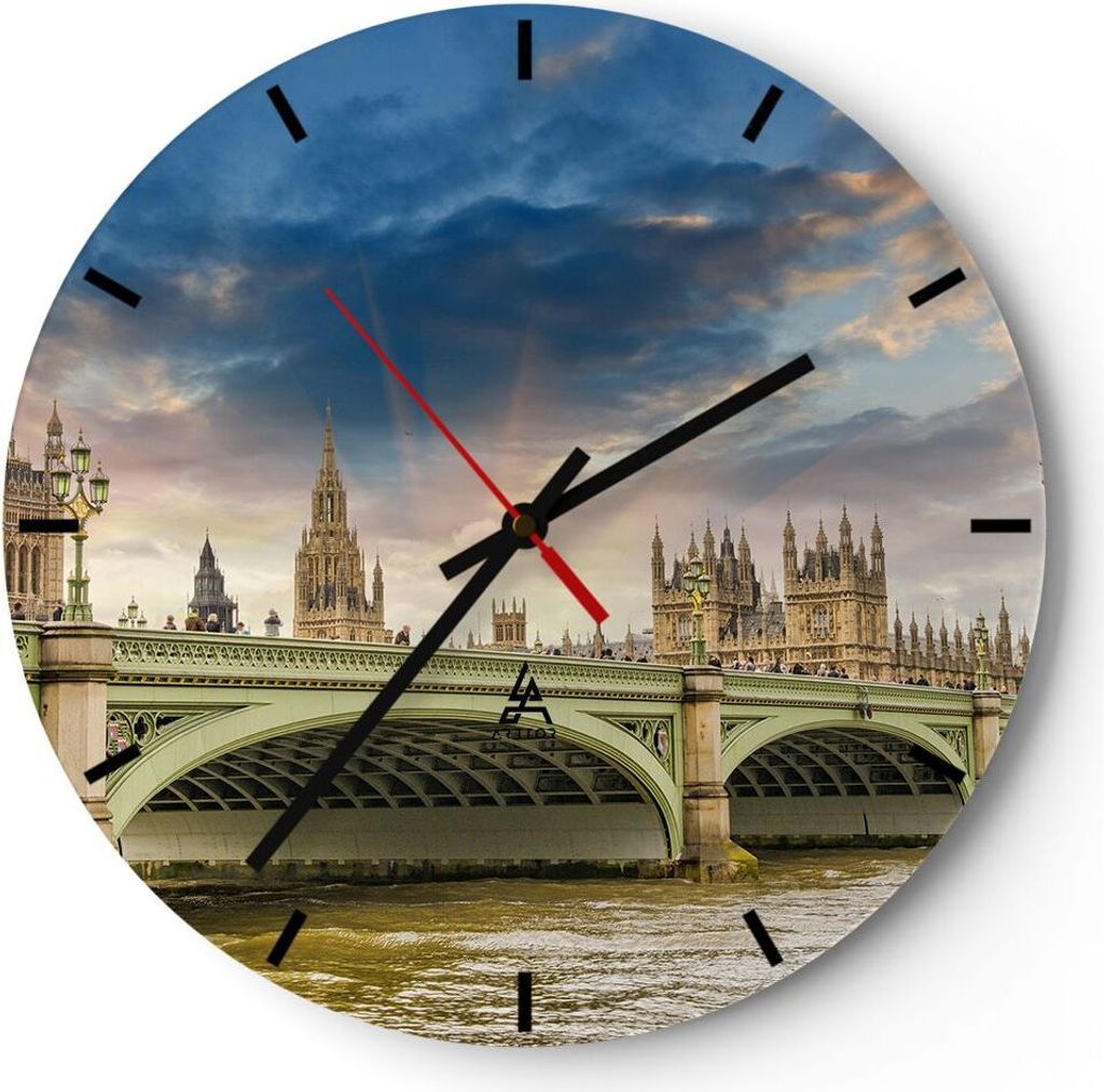 Wanduhr - Rund - Glasuhr - London büro parlament gebäude - 40x40cm - Schleichendes Uhrwerk - Lautlos - zum Aufhängen bereit - Dekoration Modern ...
