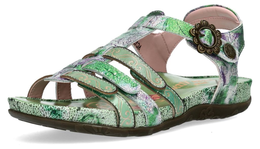 Laura Vita Damen Sandalette Blumenschnalle Spannriemchen Leder LILOO 42, Größe:40 EU, Farbe:Grün