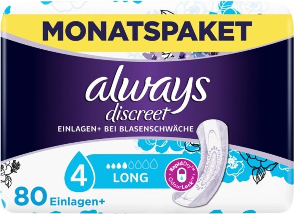 Packaging for Always Discreet Long sanitary pads.